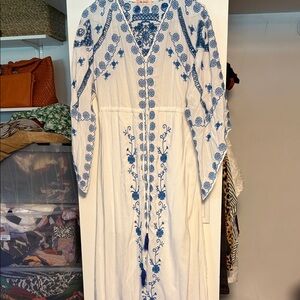 Bohemian Blue Embroidered Long Sleeve Dress